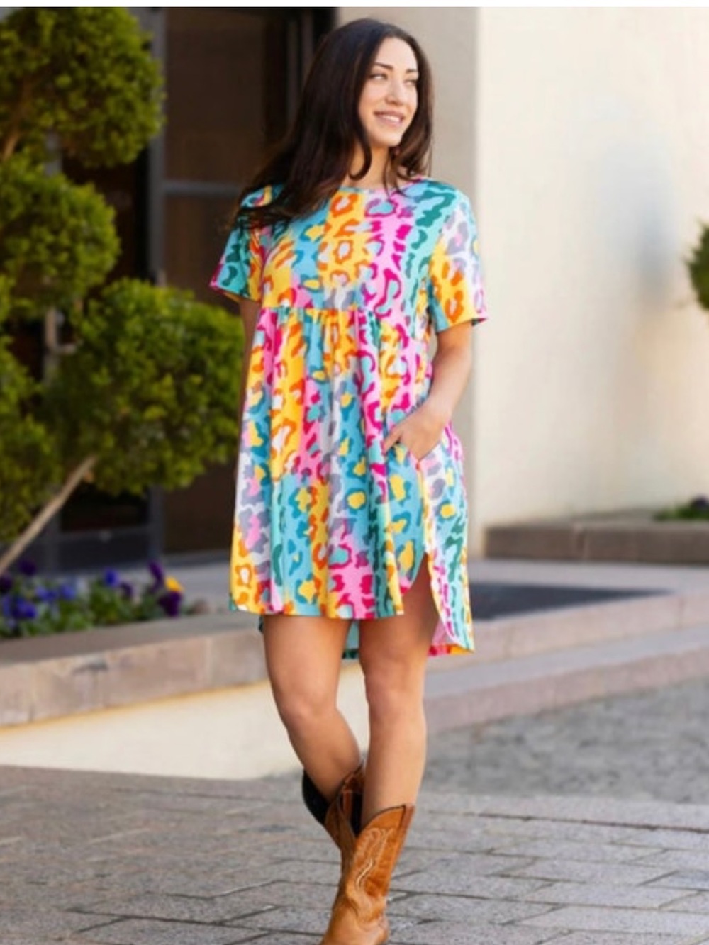 Sunshine & Rodeos| Women’s Colorful Leopard Print Babydoll Dress w/ Pockets | M